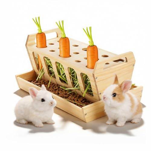 Hölzern Heuraufe für Kaninchen 30x20,5x18cm Futterraufe mit Karottenhalter, Heu-Futterstation für Kaninchen, Futterständer Mit Großem Fassungsvermögen, für Meerschweinchen, Hasen, Hamster