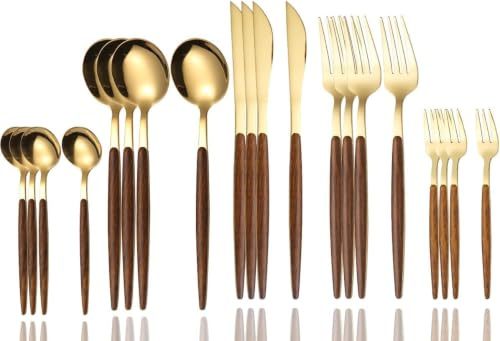 Cubertería de acero inoxidable, color dorado, 20 piezas | Adecuado para 4 personas, cubiertos, para el hogar y banquetes