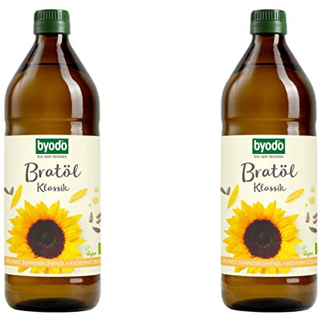 Bio-Bratöl Klassik aus High-Oleic Sonnenblumenkernen von Byodo – Feinstes Bio-Öl, 2 x 0,75 l Flasche, Hocherhitzbar & milder Geschmack, Zum Braten, Grillen & Frittieren, Vielseitig einsetzbar, Vegan