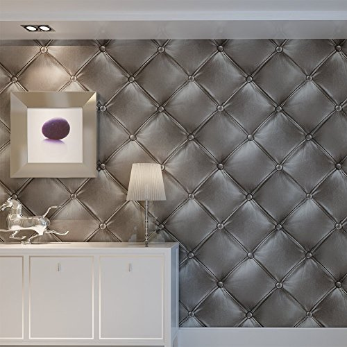 HANMERO Vintage 3D Faux Leather Textured Lattice Wallpaper Vinyl Wall Paper Mural 20.8 x 393.7 for Living Room TV Background Gray