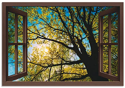 ARTland Wanddeko Wandbild Alu Verbundplatte für Innen & Outdoor Bild Bäume Foto Grün Fensterblick Frühling Sonne Baumkrone Eiche B8CM