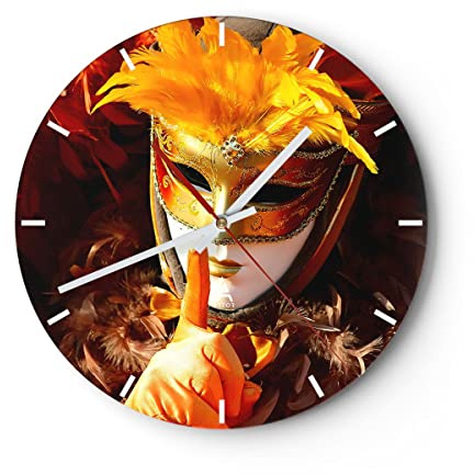 Modern Wanduhr Venezianische Maske bunt Karneval 40x40cm Rund Groß Wand Uhr Glas Analog Zimmeruhren Küche Büro Wohnzimmer Glasuhr Wall Clock Dekoration Design Wanddekoration Küchenuhr C3AR40x40-0420