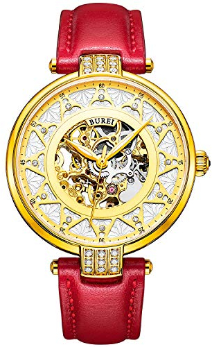 BUREI Damen Mechanische Skelett Automatikuhr Gold Gehäuseuhr mit kratzfestem Saphirglas und rotem Lederband