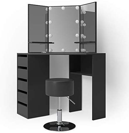 Vicco Frisiertisch für die Ecke Arielle, Schwarz, 110 cm mit LED Beleuchtung und Hocker