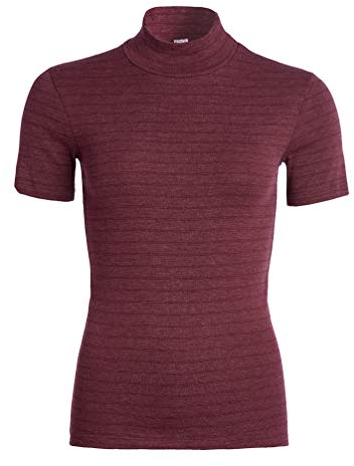 con-ta Thermo Kurzarm Shirt mit Stehkragen, geringeltes Damen T-Shirt mit natürlicher Baumwolle, wärmeisolierende Unterwäsche, Damenbekleidung, Bordeaux Geringelt, Größe: 3XL