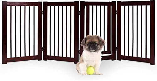 COSTWAY Barrière de Sécurité Pliable en Bois, Barrière de Protection avec Porte Verrouillable pour Animaux de Compagnie, Portail pour Chiens avec Charnières Flexibles à 360°, 207 x 76,5 CM(Marron)