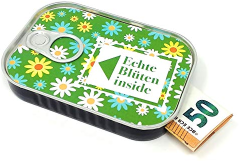Geldgeschenke Verpackung Sardinendose ECHTE BLÜTEN Geld Geschenkverpackung für Geburtstag, Konfirmation, Jugendweihe, Umzug | inkl Aufkleber für individuelle Botschaft | Made by Scherzboutique