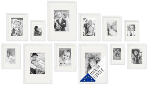 PHOTOLINI Echtholz-Bilderrahmen-Set mit Passepartout, 12er Rahmenset, Weiß, Holzrahmen Made in EU, bruchsicheres Acrylglas, zum Aufhängen, extra Zubehör - für Fotos & Bilder