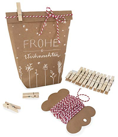 Eine der Guten Weihnachtstüten, Geschenktüten Set Frohe Weihnachten, mit 24 gestempelten Kraftpapiertüten, Mini-Holzklammern & Deko-Garn, Geschenkverpackung, Weihnachtsgeschenke, 14 x 22 cm