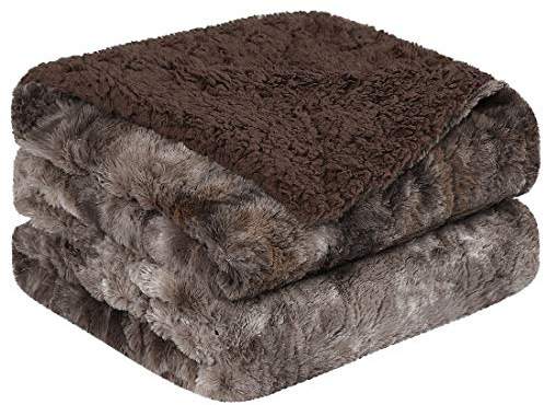 PiccoCasa Luxuriöse Zotteldecke aus Kunstfell, Doppelgröße, weich, warm, wendbar, Batik-Optik, Sherpa-Überwurf, Decke für Sofa, Couch und Bett, 152.4x203.2 cm, braun