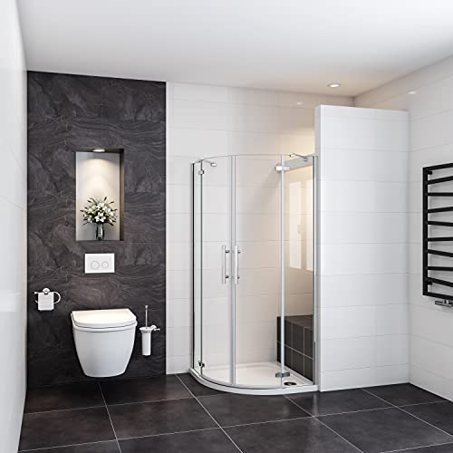 90x90 cm Box Doccia Semicircolare alto 195 cm Doppia Porta Battente Vetro Temperato 6 mm Barra Stabilizzatrice Completo di Piatto Doccia Bianco