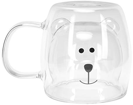 Atyhao Taza de vidrio en forma de oso Taza de leche de café de té de agua de pared doble con asa para el hogar(Transparente)