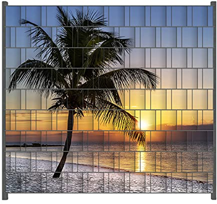 Wallario Zaun Sichtschutz Windschutz für EIN- und Doppelstabmattenzäune in der Größe Breite 2,00m x Höhe 1,80m, Motiv: Palme am Strand - Sonnenuntergang über dem Meer