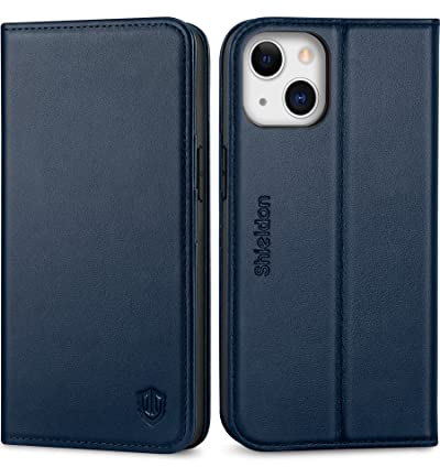 SHIELDON Case for iPhone 13 5G, Genuine Leather Wallet Case + TPU Shell, Credit Card Holder RFID Blocking Kickstand Book Design Shockproof Flip Cover Compatible with iPhone 13 6.1 2021, Navy Blue