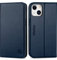 SHIELDON Case for iPhone 13 5G, Genuine Leather Wallet Case + TPU Shell, Credit Card Holder RFID Blocking Kickstand Book Design Shockproof Flip Cover Compatible with iPhone 13 6.1 2021, Navy Blue