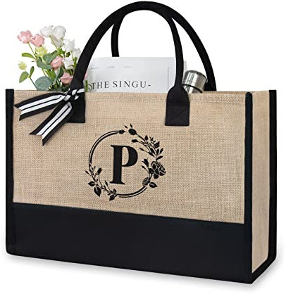 TOPDesign Sac fourre-tout en toile de jute/sac cadeau personnalisé, adapté pour un mariage, un anniversaire, la plage, les vacances, les amis, les demoiselles d'honneur (lettre P)