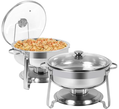 Fulgutonit Chafing Dish Buffet Set 2 Pack, 4 QT Stainless Steel Round Chafing Dishes for Buffet, Food Warmers with Glass Lid & Lid Holder for Parties Buffet Event Wedding Restaurant