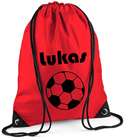 Turnbeutel mit Namen | Motiv Fußball | inkl. Namensdruck | Personalisieren & Bedrucken | Sportbeutel Schuhbeutel dunkel-blau für Jungen Kinder(rot)