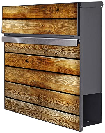 banjado® Briefkasten Anthrazit mit Motiv Holzbretter/Briefkasten mit Zeitungsfach 37x37x10,5 cm groß/Postkasten A4 Einwurf inkl. Montagematerial & 2 Schlüsseln