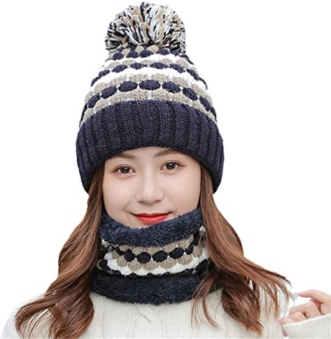 Disimlarl Damen Winter Warm Beanie Fuzzy Mütze + Knit Neck Scarf Suit, marineblau, Einheitsgröße
