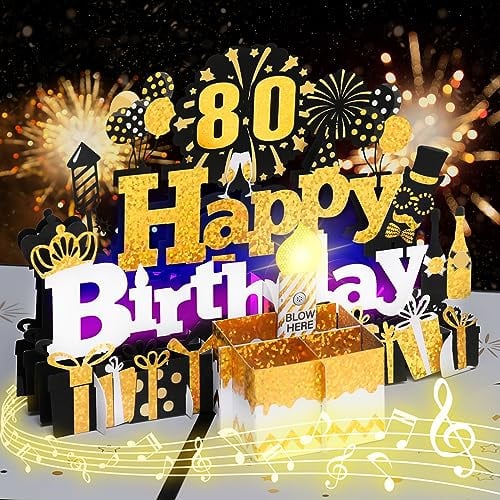 Birthday Card, 80th Musical Birthday Cards with Blowable Light Candle Happy Birthday Song Large Birthday Cake Pop up Greeting Cards Birthday Gift Card for Women Men Kids Husband Wife Mom Dad Daughter