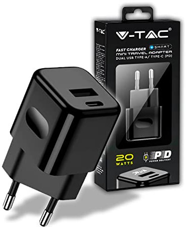 V-TAC Caricatore Rapido 20W USB-C per Iphone Samsung – Mini Caricabatterie Ultra Veloce per Smartphone – Doppia Porta USB Type C e USB A per Iphone 11/12 / 13/14 / PRO/MAX e S21 / S22