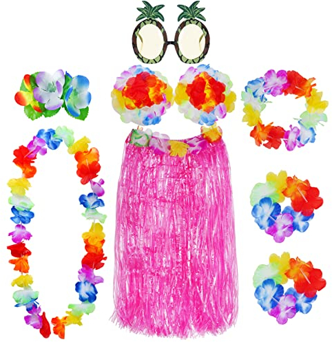 baotongle 8 Stück Hawaii Party Kostüm Set mit Halskette Armbänder Stirnband Blume BH Haarblume und Ananas Sonnenbrille für Beachparty Deko Rosa 60cm