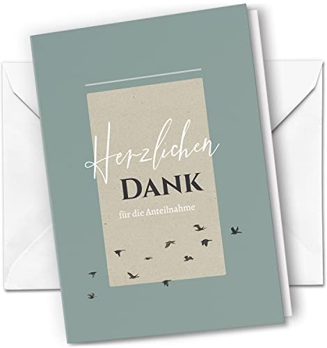 Danksagungskarten Trauer – 10 Klappkarten mit Umschlägen – Motiv: Vögel fliegen – Trauerkarten Danksagung mit Text – Dankeskarten Trauer nach Beerdigung