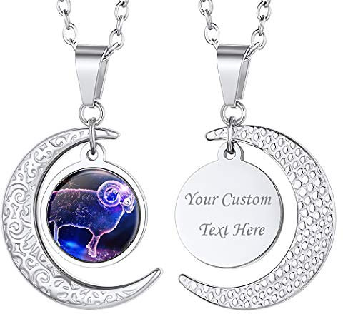 Suplight Damen Herren Sternzeichen Widder Kette Edelstahl personalisiert Halbmond Anhänger mit 50+5cm Rolokette Sternbilder Tierkreis Horoskop Halskette Modeschmuck für Geburtstag