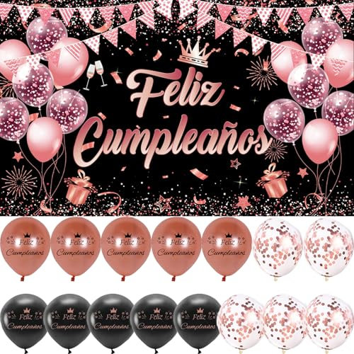 Decoración Cumpleaños en Español - Pancarta Feliz Cumpleaños, 15 Globos, Photocall Rosa Negro, Happy Birthday Fondo Cartel, Adornos Kit