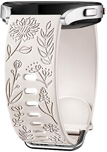 Mastten Fleur Gravé Bracelet Compatible avec Samsung Galaxy Watch 7/6/5/4 40mm 44mm Femme, 20mm Élégant Sport Silicone Bracelet pour Galaxy Watch FE/Active 2/4 6 Classic / 5 Pro, Lumiere Stellaire