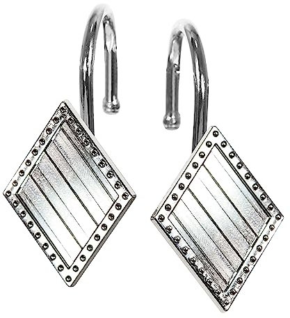 Geometric Shower Curtain Hooks Rings: Rust Proof Brushed Nickel Diamond Metal Decorative Shower Curtain Rings - Modern Elegant Silver Shower Curtain Rod Hooks Hangers for Bathroom - Set of 12