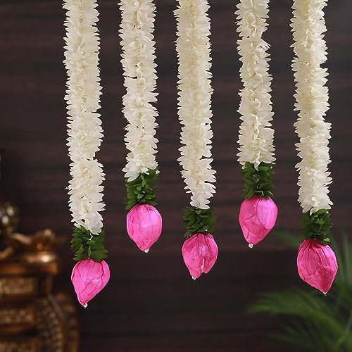 TIED RIBBONS 14 Inch Strings Jasmine Garland Toran with Lotus Buds for Pooja Decoration | Set of 5 | Artificial Mogra Jasmine Garland Wall Hanging for Varalakshmi Puja, Indian Decorations for House