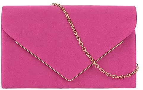 MilyaDE Damen Kunst Wildleder Clutch Abendtasche, Braut Handtasche Hochzeit Party Unterarmtasche Umhängetasche Schultertasche mit Schulterkette, Rosarot