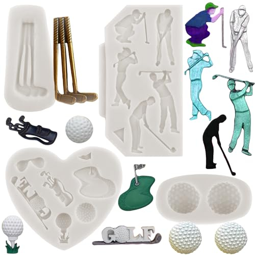 MINFEIDMS Golf-Silikonformen, 4er-Set: Golfbälle, Club, Bälle, Fondantform für Kuchendekoration, Schokolade, Süßigkeiten, Blütenpaste