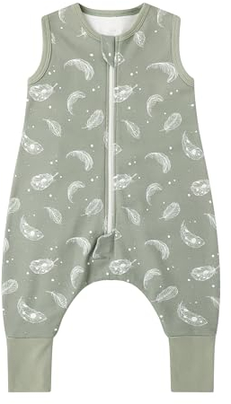 Owlivia 1.0 Tog Baby Schlafsack aus 100% Bio-Baumwolle mit Füßen - Ganzjähriger Komfort für Ihr Kleinkind, Feder Grün 100 cm (4 Jahre)