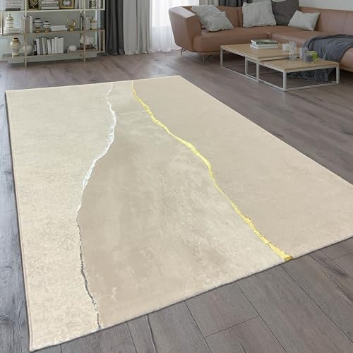 CARPETIA Moderner Teppich Wohnzimmer Kurzflor hochwertig Gold Silber Glanzeffekt Grundfarbe beige Creme 200 x 290 cm