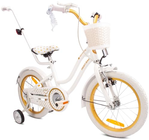 sun baby Mädchenfahrrad 16 Zoll Radgröße Heart Bike zur Auswahl, mit Abnehmbarer Schubstange, Kinderfahrrad für Mädchen von 2 bis 6 Jahre (Weißgold, 16 Zoll)