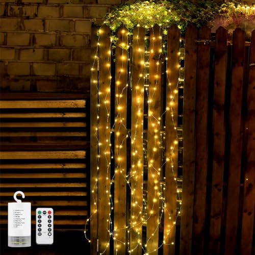 Acxilexy Luci a Cascata Batteria, 10 Fili 2M 200 LED Filo di Rame Ghirlanda Luminosa, Impermeabili Fascio di Luci, 8 Modalitàluci di Ramo di Vigna con Telecomando per Esterno Interno Decorazioni