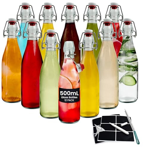 Volila Glass Bottles with Stoppers - Clear Swing Top Bottles for Homebrewing, Beverages, Kombucha, Wine, Vinegar and Oil (500ml - 12 Pack)