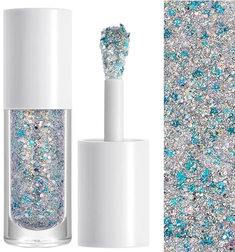 Gel Paillettes Visage Cheveux et Corps pour Paillette de Sirène,Visage Maquillage Paillette Festival Halloween Carnaval Argent