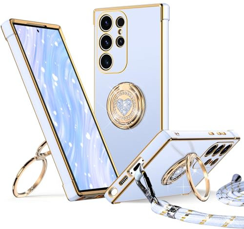 XYZ for Samsung Galaxy S22 Ultra Case with Stand, Double Ring Holder Case Heart with Lanyard for Girls Women, Luxury Cute Bling Protective Phone Cover for Samsung S22 Ultra, Blue