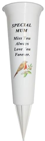 Memorial Grave Flower Pot - 33cm tall Sturdy White Memorial Graveside Flower Vase with Spike and Robin Image (Special Mum 8712)