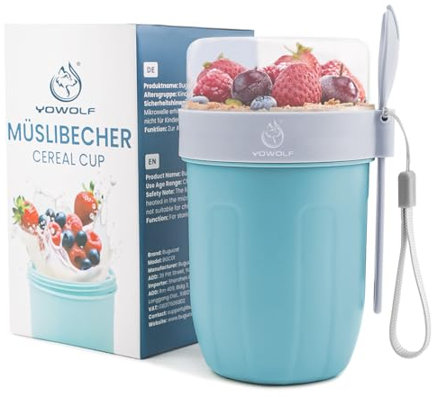 YOWOLF Müslibecher to Go 660ML+260ML, 2in1 Joghurtbecher to Go, Auslaufsicherer Lunchpot Müsli Cup to Go Becher mit Löffel, Unterwegs Müslidose Müslischale, Yoghurt to Go für Picknick, Blau