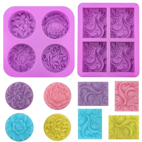 2 piezas Moldes de Jabón, Molde de Silicona para Jabones, Moldes para Jabones Artesanales, 4 Cavidades con Olas y 4 Cavidades con Flores, Moldes para Jabones para Manualidades Caseras DIY