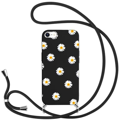 Yoedge Handykette Handyhülle für iPhone 6 Plus/6S Plus Hülle mit Band 5,5, Blumen Muster Aesthetic Schutzhülle mit Kordel zum Umhängen Stoßfest TPU Schwarz Silikon Case Kette Cover, Gänseblümchen