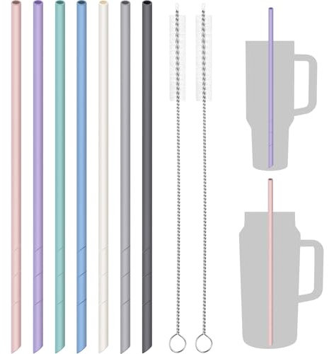 NiHome 14 Silicone Straws 7-Pack for Stanley Cups and Large Bottles, Customizable Length Food-Grade Reusable Straws with 2 Cleaning Brushes, Soft and Flexible for 24-128 oz Bottles (Macaron Colors)