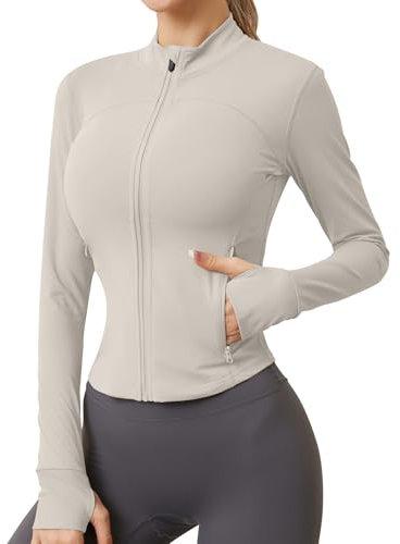 IECCP Sportjacke Sportbekleidung für Damen Laufjacke Trainingsjacke Activewear Fitness Sweatjacke Ohne Kapuze Leichte Jacke Gym Kleidung Sportjacken Elfenbeingrau L