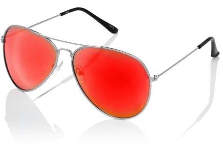Ultra Pilot Sonnenbrille – Silver Mit Rot Gläsern Herren- und Damensonnenbrille Metallrahmen Retro 80er Jahre Klassischer Stil Damen Herren UV400-Schutz Navigator