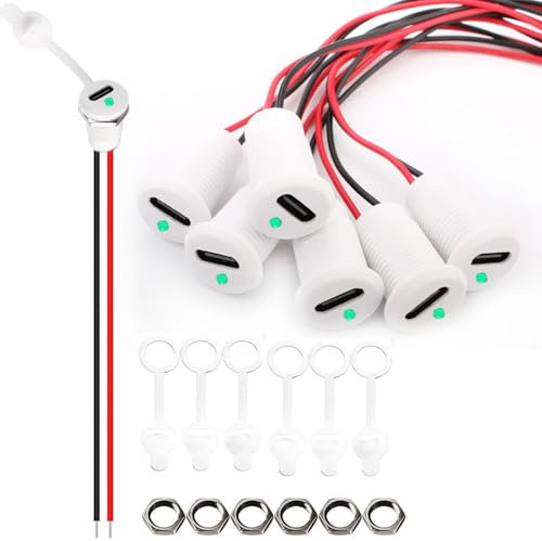 VISSQH 6 PCS USB Type-C Female Chassis,3A 2-pin USB C Soldering Jack,2 Wire USB C Panel Mount connector,24AWG round Waterproof USB C Pigtail Cable Extension Power Cable,with LED light(White)